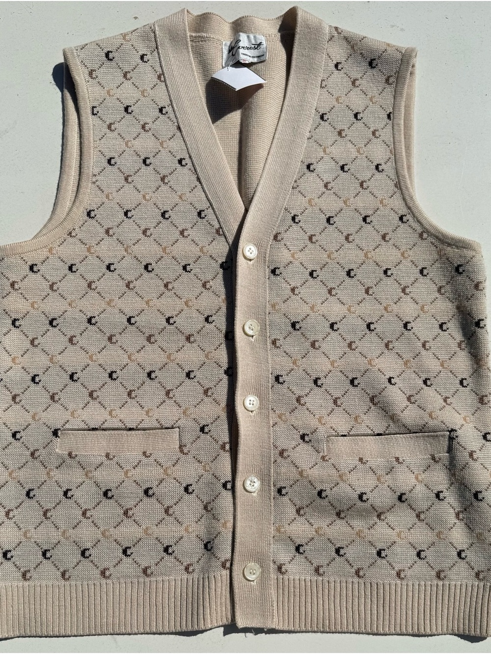 Crescent Beige Cream Knit Button Vest with Micro Pattern